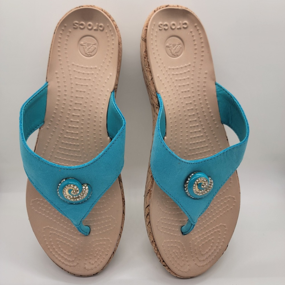 Crocs A-Leigh Jewel Wedge Flip Flops Women 7 Turquoise Leather Rhinestone Sandal - Picture 4 of 11